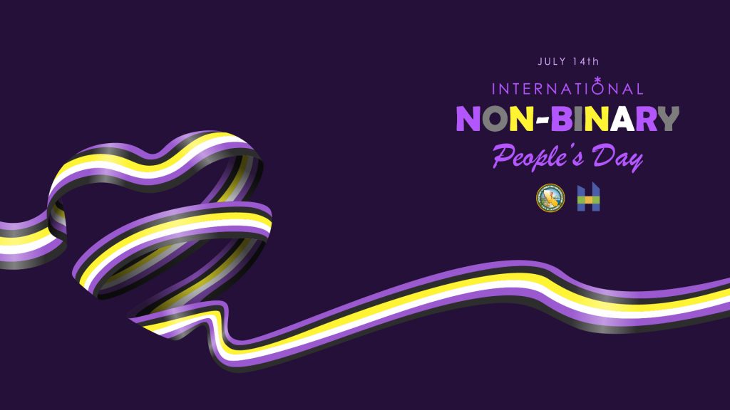 purple, black, yellow, white ribbon on dark purple background for International Non-Binary People's Day