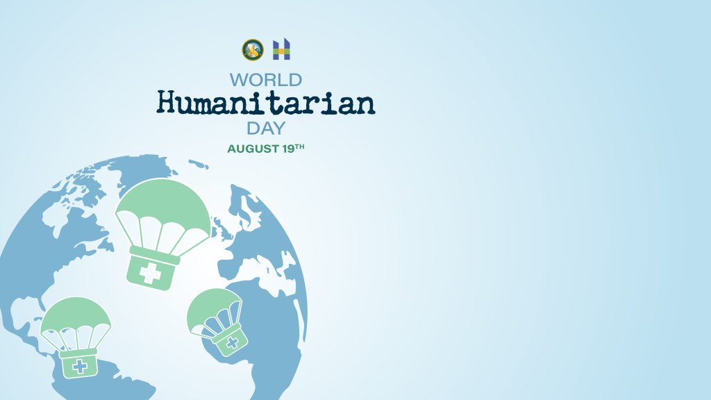 light blue earth with parachute. World Humanitarian Day Aug. 19th