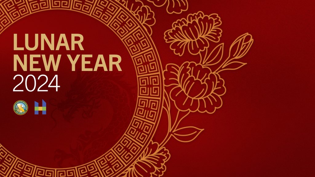 lunar new year with red dragon shadow and flowers