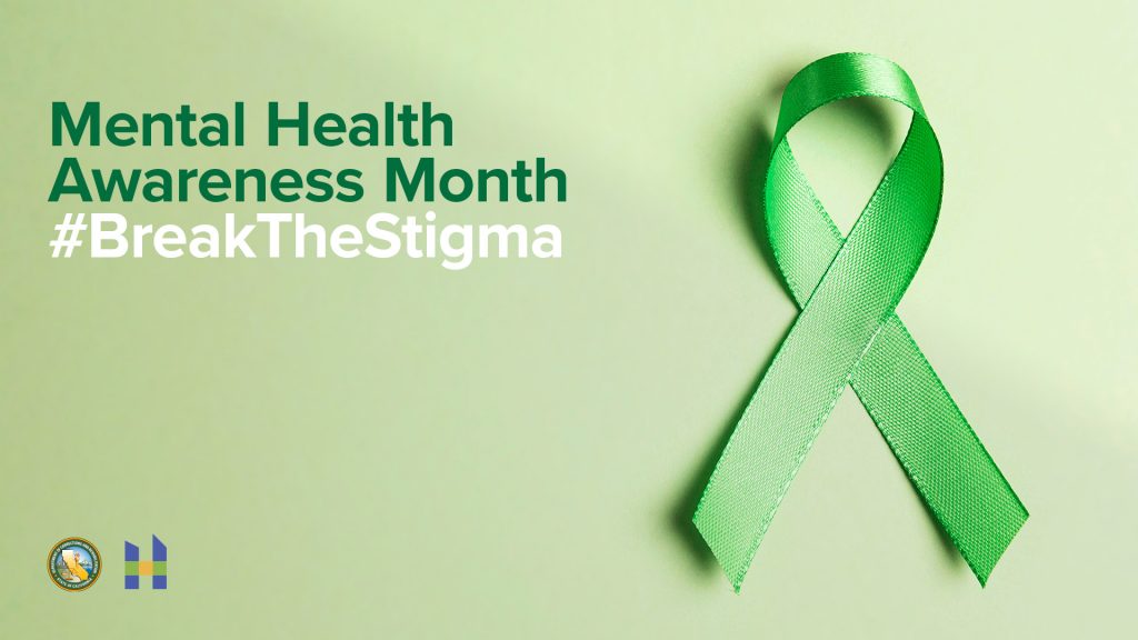 Mental health awareness month hashtag break the stigma with green ribbon