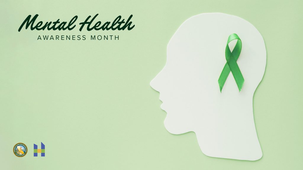 Mental health awareness month with green ribbon on the side of the head silhouette