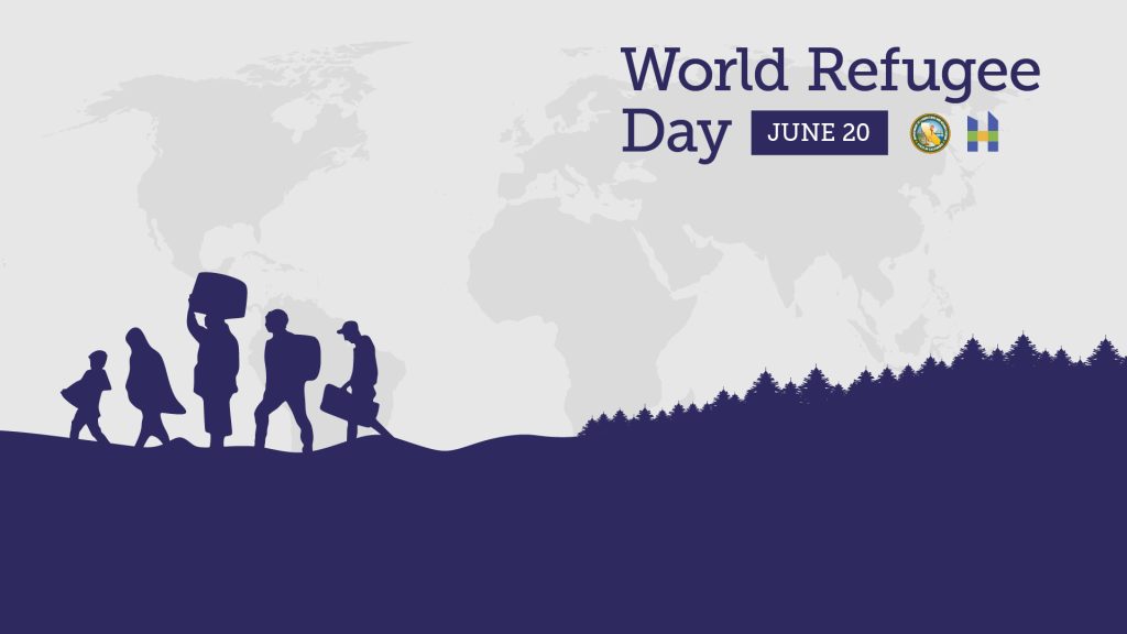 World Refugee Day with people walking with baggage away from trees