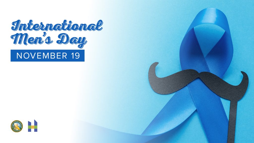 International Men's Day with blue ribbon and mustache on blue background