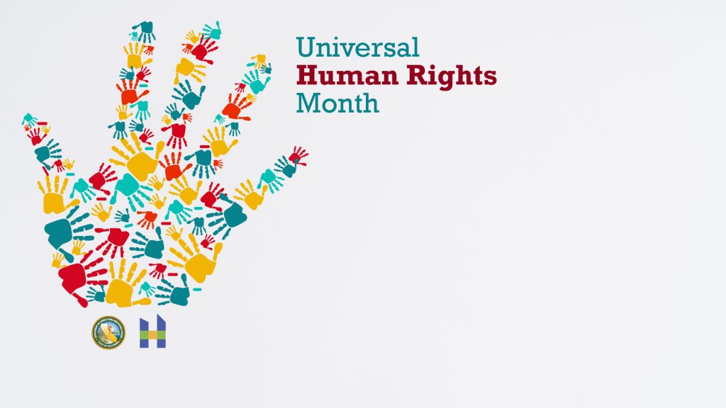 Universal Human Rights Month on white background with multi-colored hand