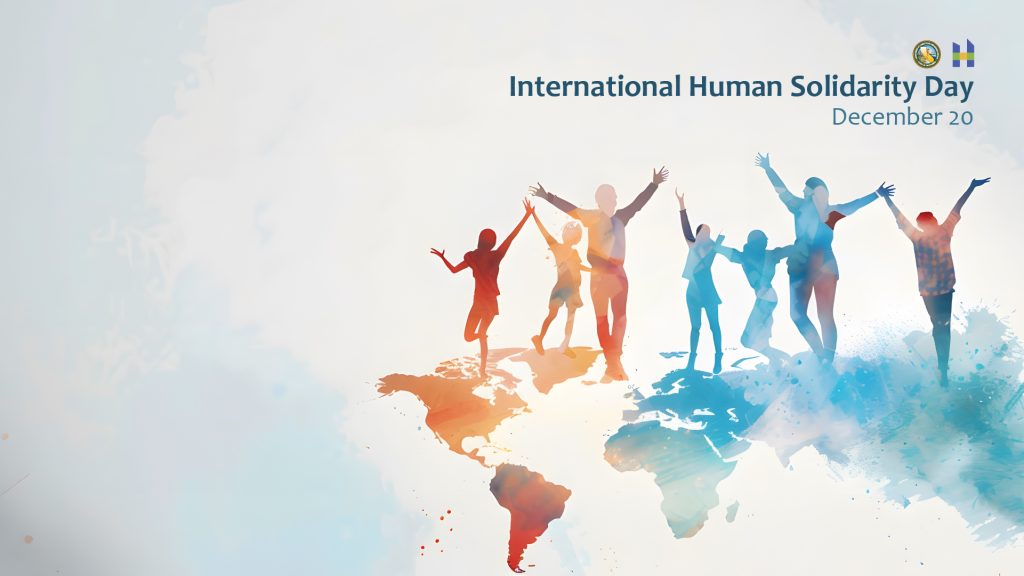 International Human Solidarity Day with continents and multi-colored people jumping