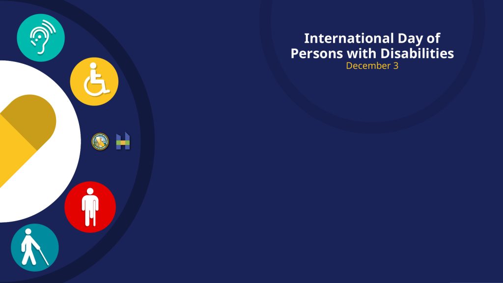 International Day of Persons with Disabilities on navy blue background with disability symbols
