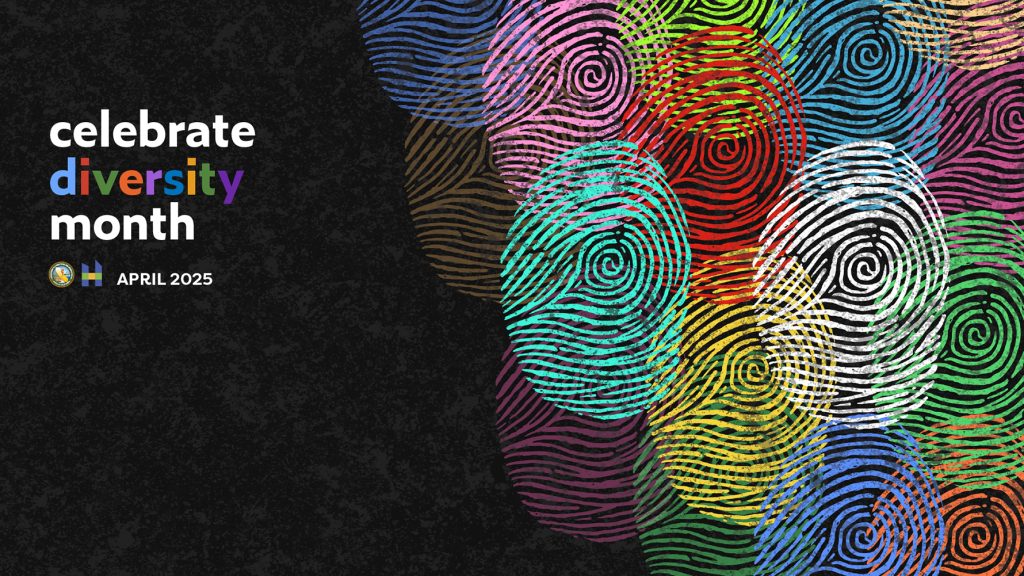 Celebrate Diversity Month April 2025, on black background and colorful fingerprints