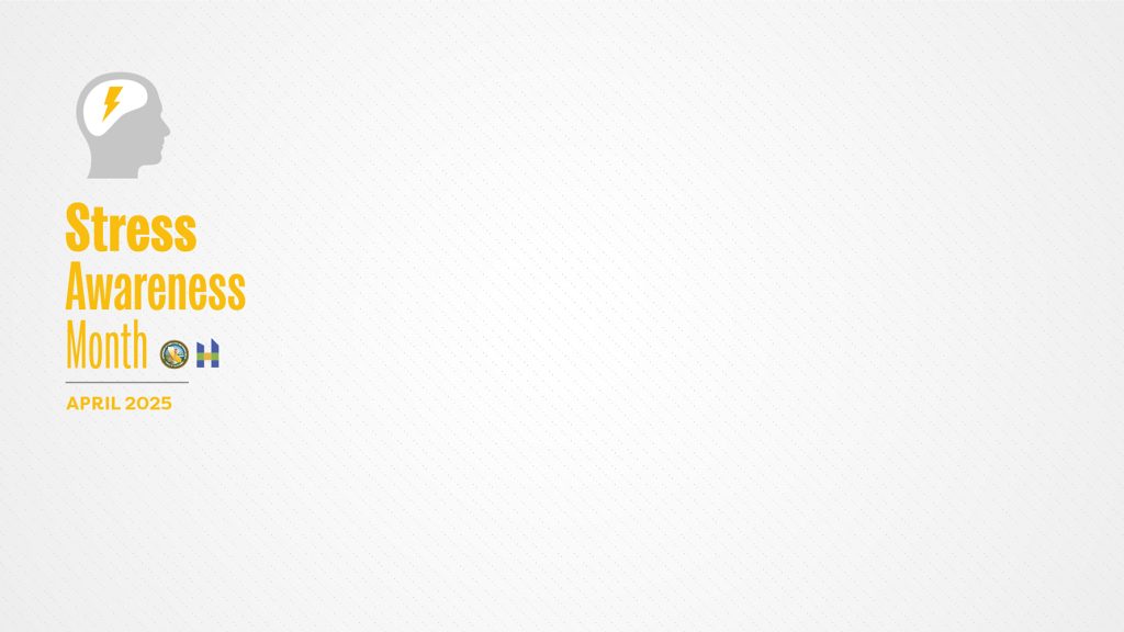 Stress Awareness Month April 2025 on white background with image of person's head and lightening bolt