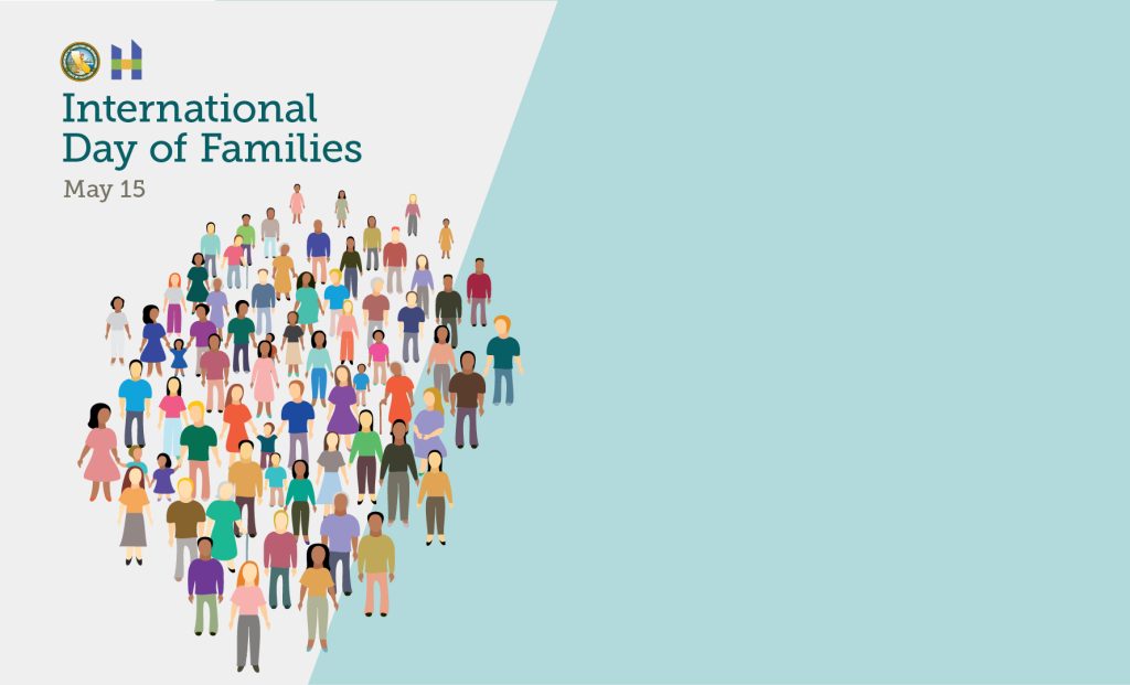 May 15 International Day of Families on blue and white background with diverse illustrated people