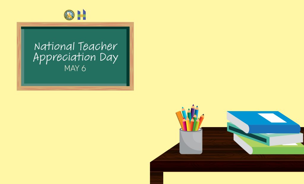 May 6 National Teacher Appreciation Day on yellow background with chalkboard and school supplies
