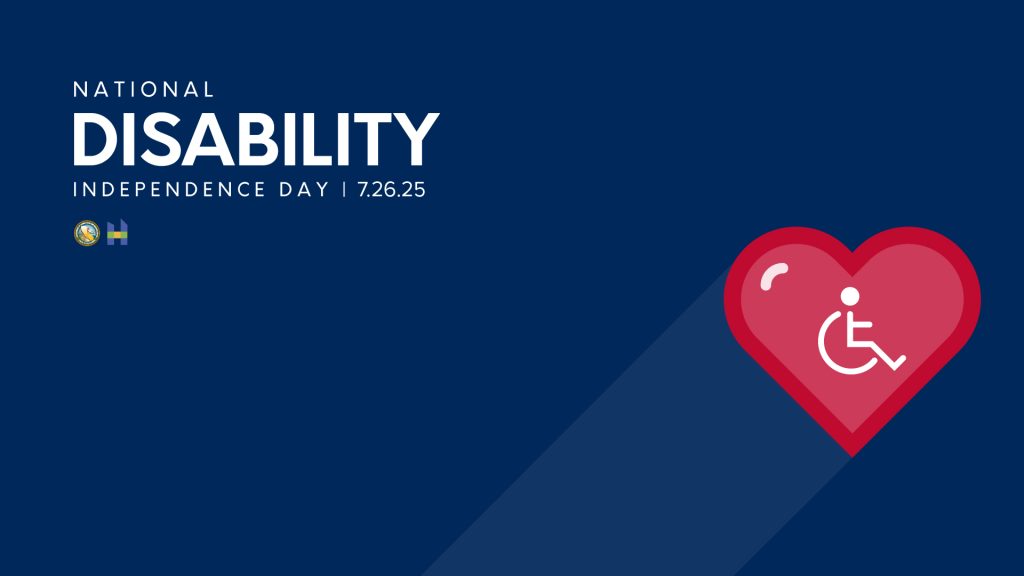 National Disability Independence Day on July 26, 2025 with heart and handicap symbol on navy background