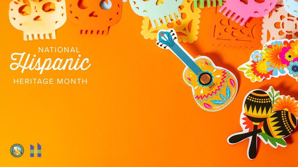 National Hispanic Heritage Month on orange background with guitar and mariachis