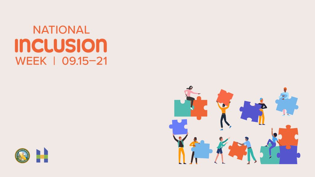 National Inclusion Week September 15 - September 21 on peach background with people holding puzzle pieces