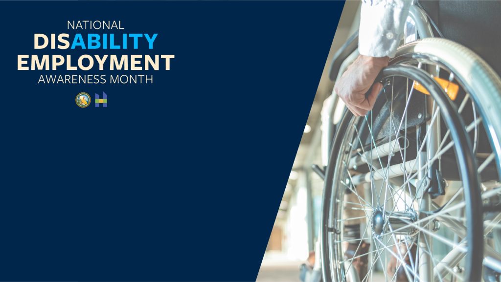 National Disability Employment Awareness Month on blue background with unknown person in wheel chair
