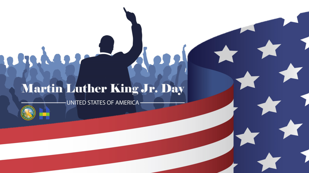 Martin Luther King Jr. Day I have a dream with silhouette of Martin Luther King Jr. on American flag background