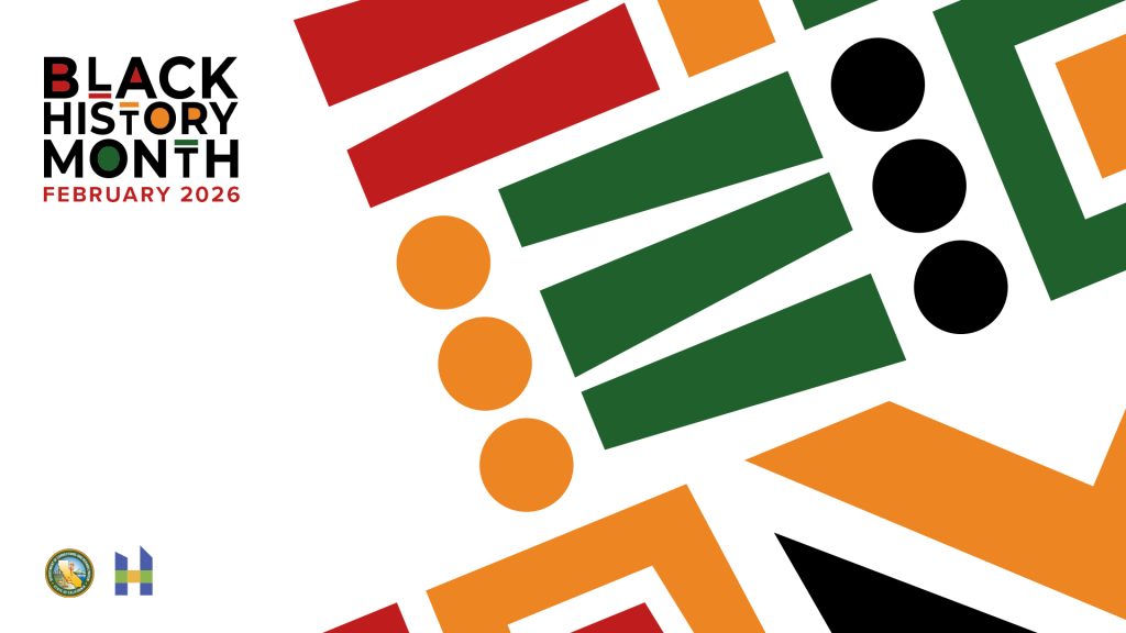 Black History Month February 2026 on a background with shapes in colors of red, black, yellow and green