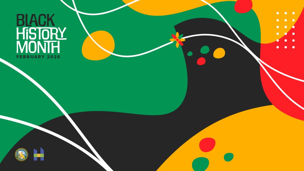 Black History Month February 2026 on a background with shapes in colors of red, black, yellow and green
