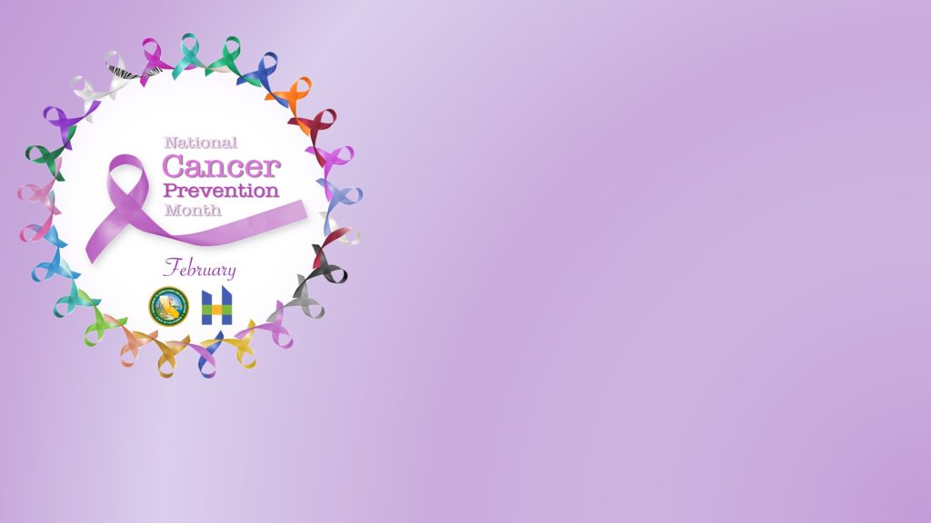 National Cancer Prevention Month February with various colored ribbons on lavender colored background