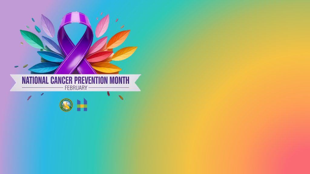 National Cancer Prevention Month February with large purple ribbon and varied colored feathers on rainbow background