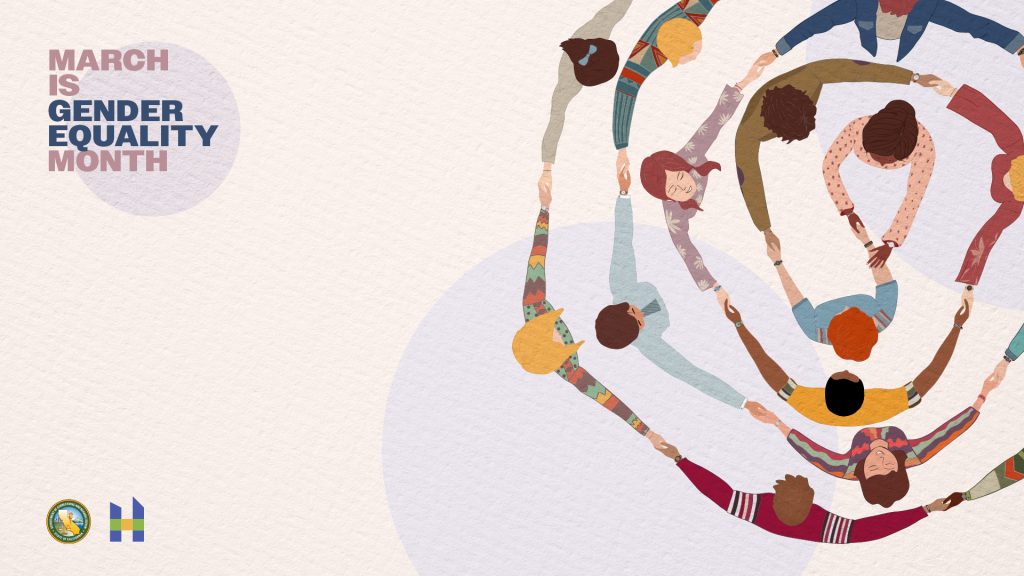 March is gender equality month on beige and lavender background