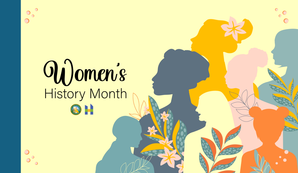 Women's History Month on yellow background with diverse image of women and flowers