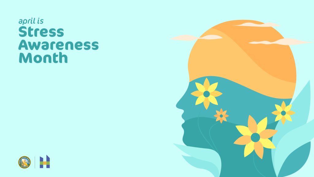 April is Stress Awareness Month on green background with image of person's head and flowers