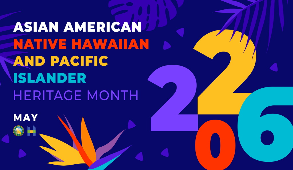 Asian American Native Hawaiian and Pacific Islander Heritage Month May on blue floral background