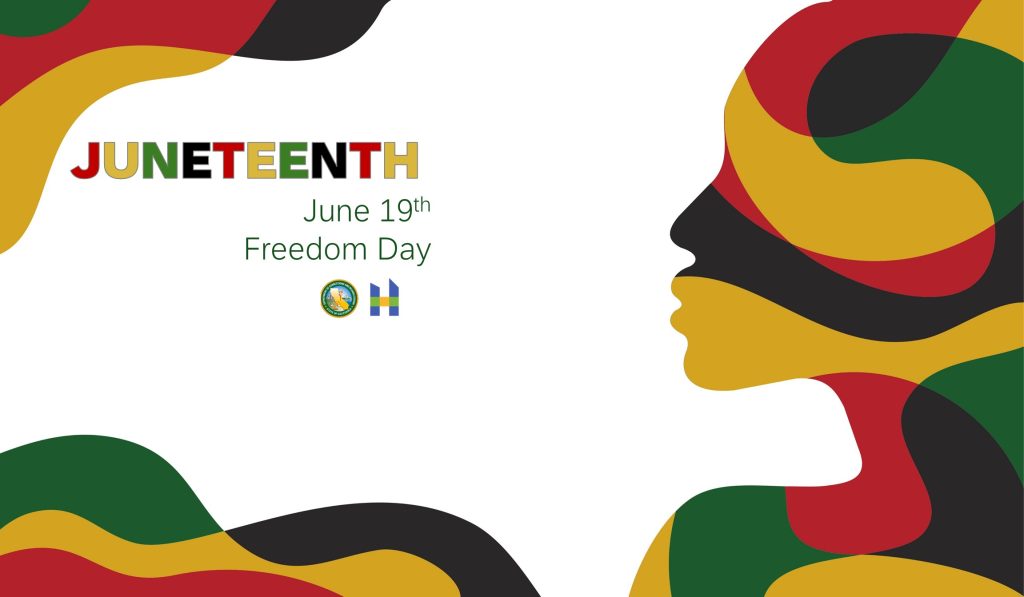 Juneteenth June 19th Freedom Day on white background with woman drawn using green, yellow, red, and black