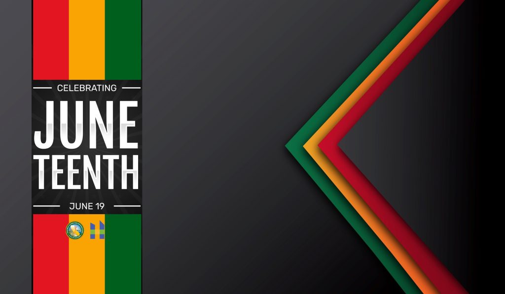 Celebrating Juneteenth June 19 on black background with red, yellow, green, and blue triangle shape on right side