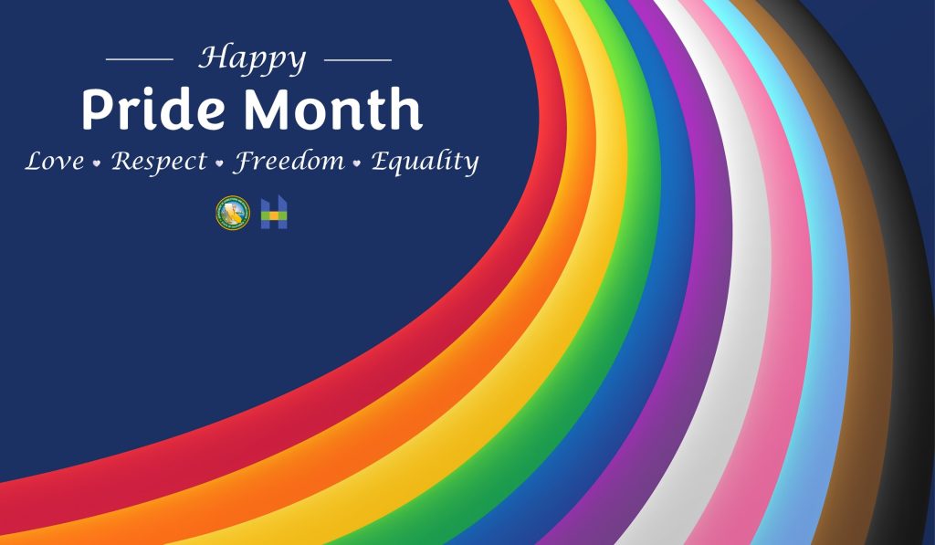 Happy Pride Month Love Respect Freedom Equality on navy blue background with rainbow path