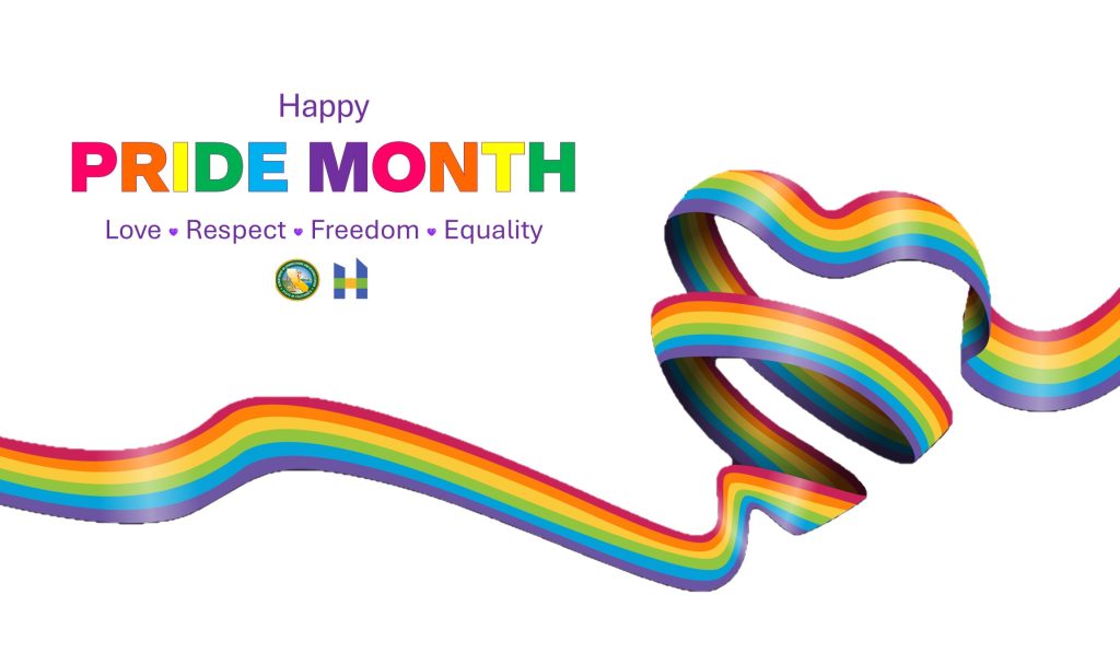 Happy Pride Month Love Respect Freedom Equality on white background with rainbow heart ribbon