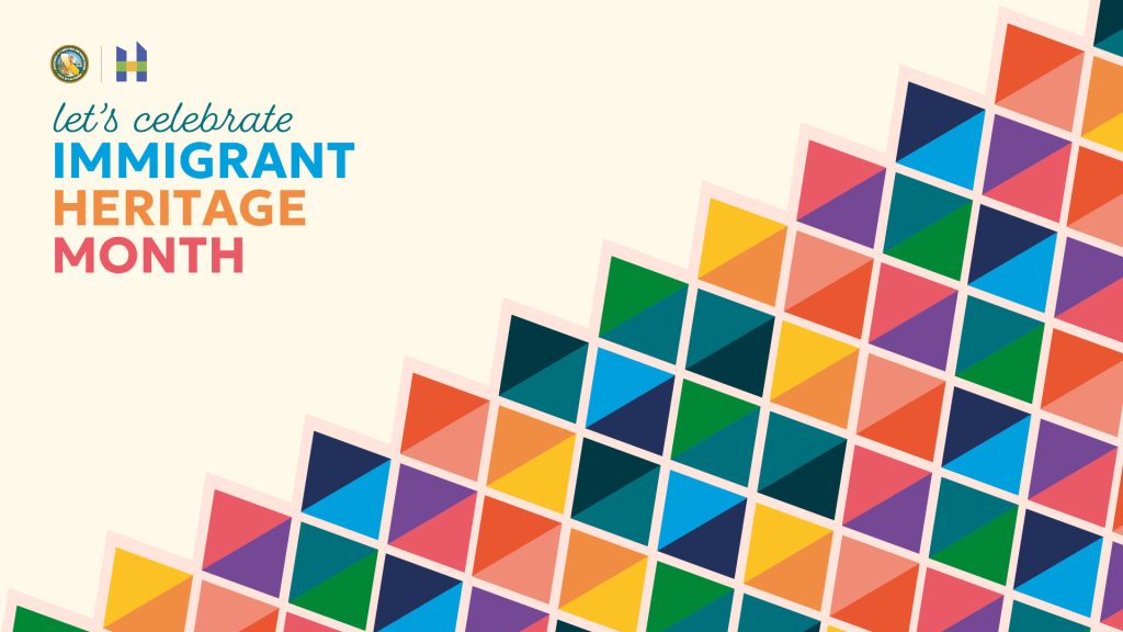 Let's celebrate Immigrant heritage Month on light colored background with muti-colored diamond shapes