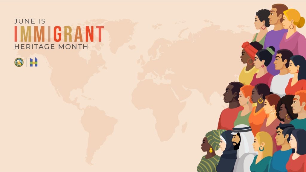 June is Immigrant Heritage Month on world map background with diverse people