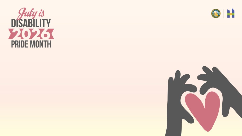 July is Disability Pride Month on peach background with hands and heart