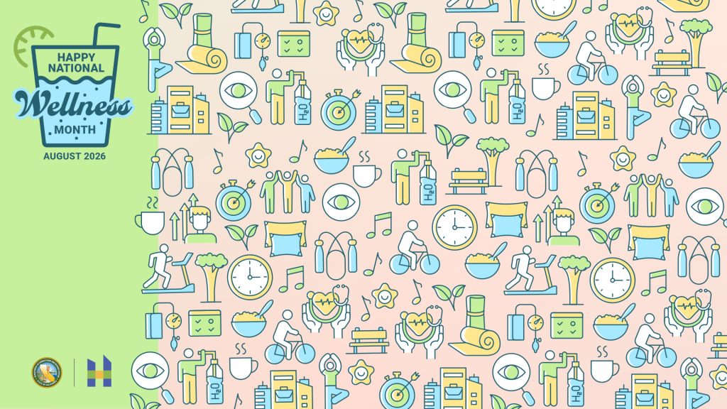 Happy National Wellness Month on peach and green background with clipart of wellness activities.