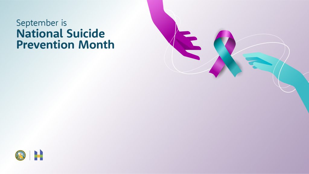 September National Suicide Prevention Month on purple background with turquoise and purple hand reaching for ribbon