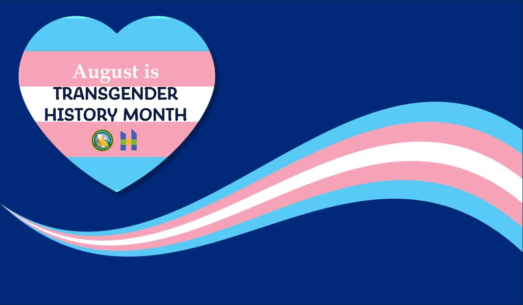 August is Transgender History Month on navy background with transgender color heart and swirl