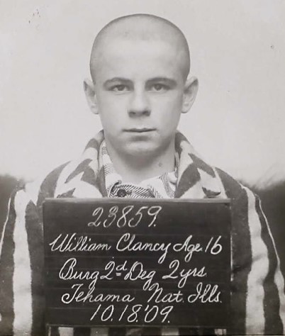 Information board and mugshot of William Clancy, 23859, in 1909, San Quentin.