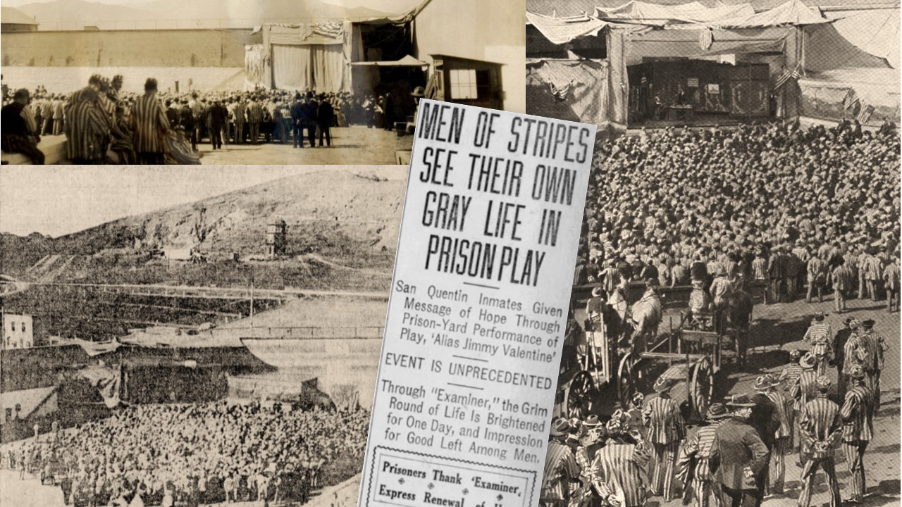 Photos of stage, crowd of men in striped prison outfits and a newspaper clipping of the play in San Quentin.