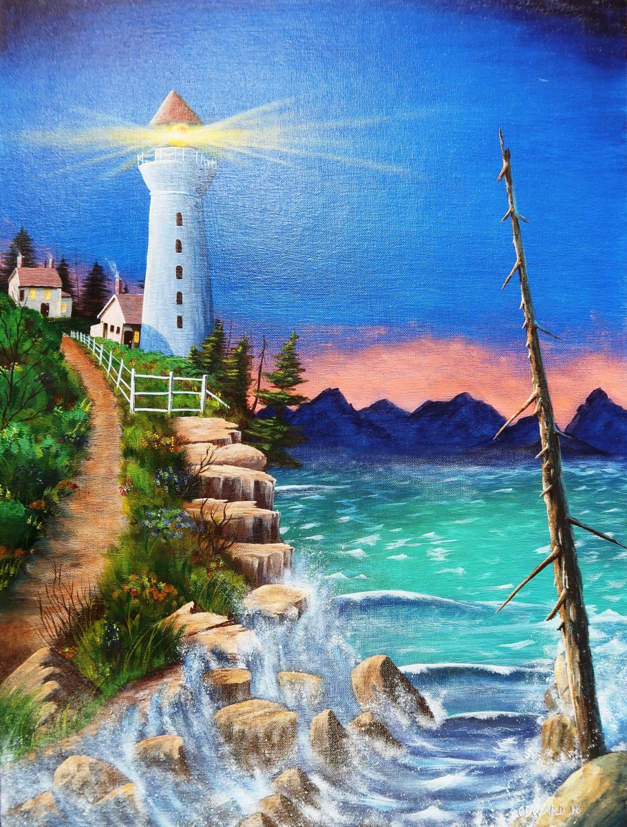 Lighthouse and ocean painting.