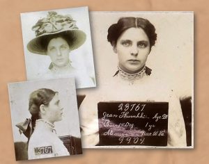 Side and front mug shots of a woman with board that says 23767 Jean Thurherr, Age 20, Burg 1st Deg., 1 yr.