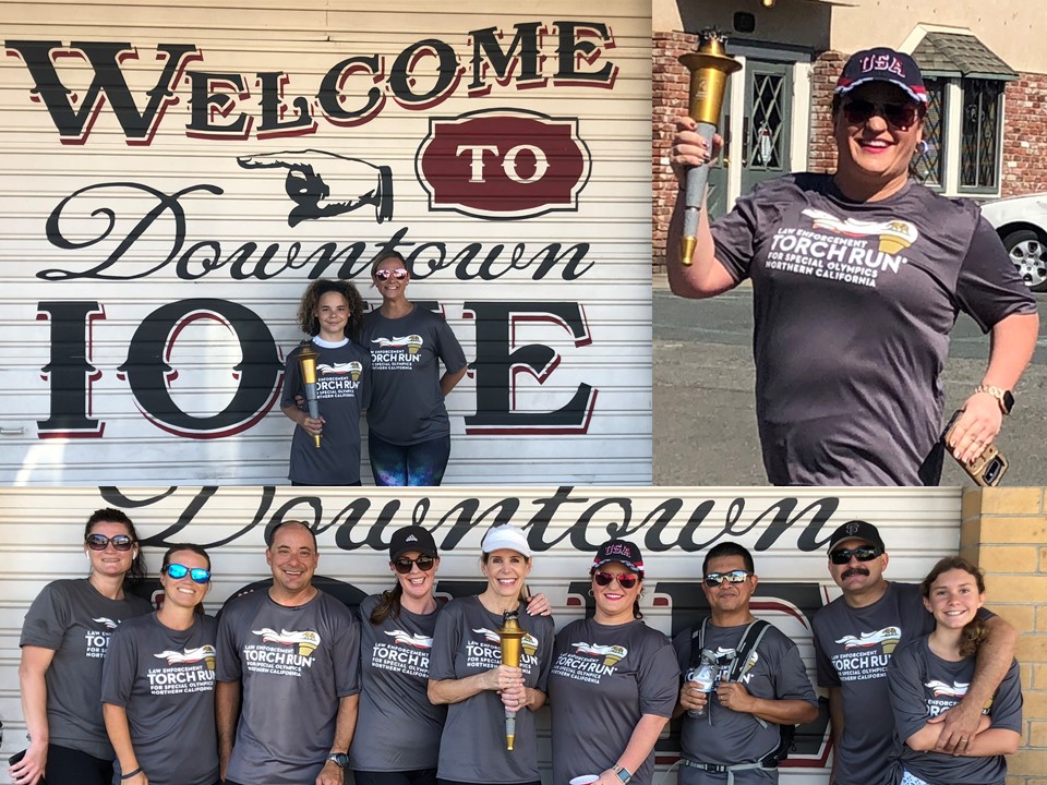 Three-photo collage with people wearing "torch run" tee-shirts and two show people standing in front of a wall that says "Welcome to Downtown Ione."