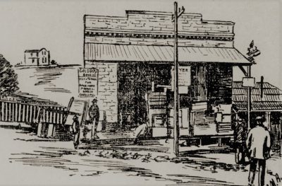 Sketch of store in gold area of town.