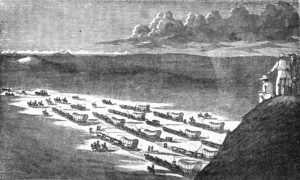 Drawing of covered wagons moving across a large valley.