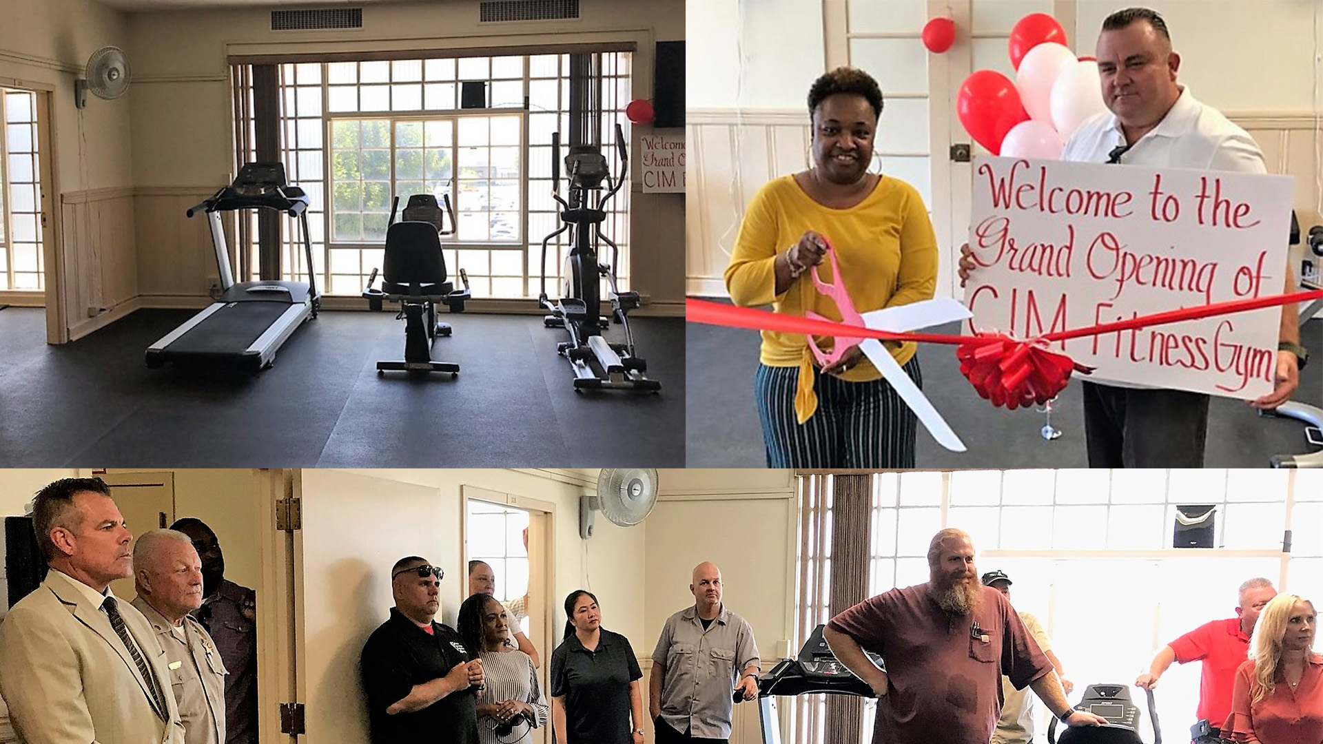 A collage of photos showing gym equipment, a woman holding large scissors ready to cut a red ribbon, a man holding a sign welcoming everyone to a grand opening of the new CIM fitness center and a photo of men and women gathered to watch.