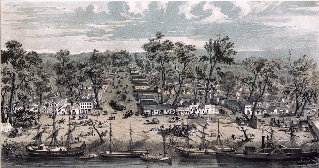Drawing of a river, ships full of cargo, and bustling dirt roads and buildings.