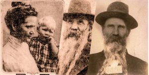 Two photos of man with long beard and a photo of a woman with a baby.