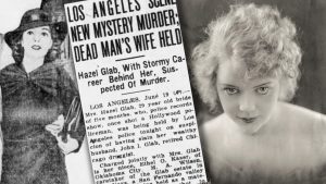 Nicely dressed woman and a photo of her much younger flank a newspaper article that says "Los Angeles New Mystery Murder; Dead Man's Wife Held."