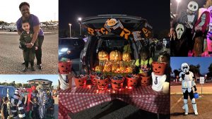 Halloween costumes, decorations and an open car trunk full of treats.