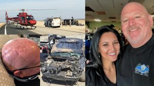 Photos of a scarred head, a woman and man smiling, a crushed car and a helicopter at an accident scene.